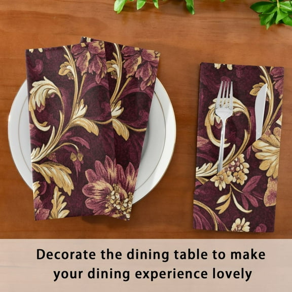 Satin Native Fab Cotton Dinner Napkin Red Floral Gold Filigree Reusable