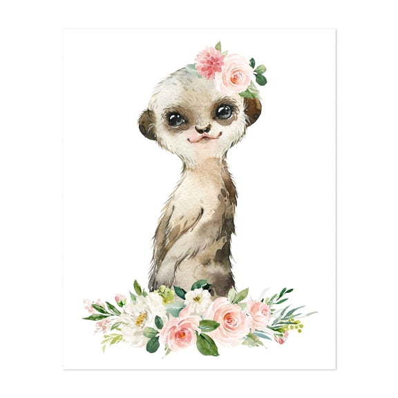 Meerkat, Jungle Animals, Safari Animals, Pink Flowers, Girl Nursery - Illustration Animal Watercolor Floral Whimsical Wildlife Botanical Unframed Wall Art Print 6 x 8 inches