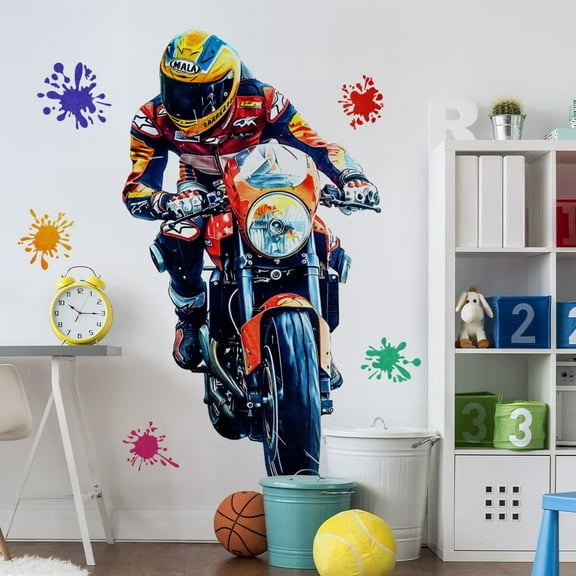 Watercolor Motorcycle Wall Stickers Dirt Bike Wall Decal Motocross Motorcycle Cool Motorbike Wall Decals Peel and Stick Vinyl Decor for Living Room Boy's Bedroom Playroom Home Wall Decor
