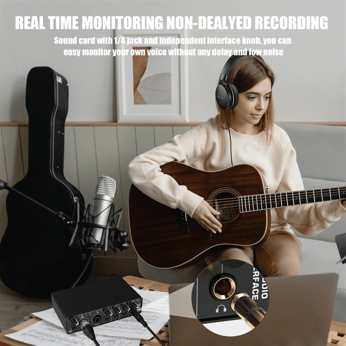 USB Audio Interface, 2 in 2 Out Audio Interface with 48V Phantom Power for Recording,for Guitarist, Vocalist, Podcaster