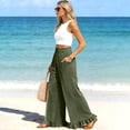 thumbnail image 5 of Lumtrix Palazzo Pants For Women Cotton Linen Casual Smocked High Waisted Flowy Baggy Ruffle Slacks Summer Beach Trousers With Pockets Green L, 5 of 5