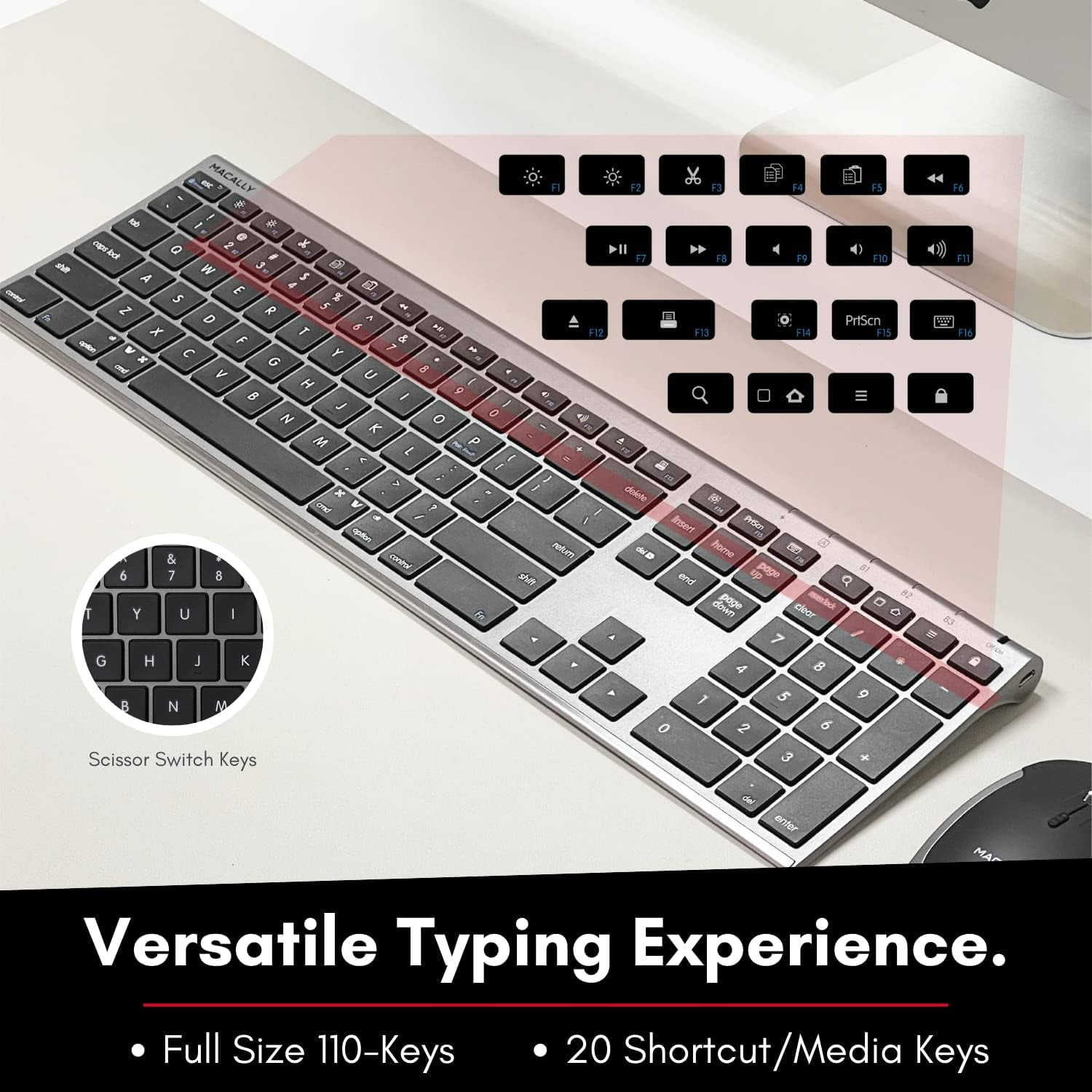 Macally Bluetooth Keyboard and Mouse | Mac Duo - Scissors Wireless Bluetooth Keyboard - 110 Key - Space Gray - Wireless Bluetooth Mouse - 1600 dpi - Space Gray - Compatible with Mac, PC