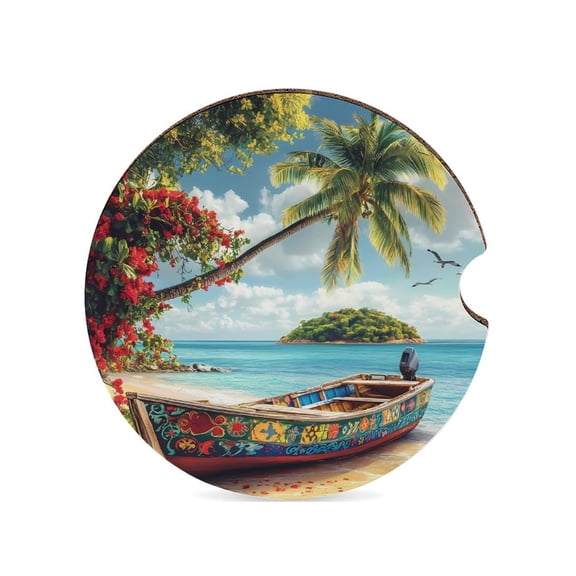 Palm Tree And Boat On The Beach Car Coasters for Drinks with A Finger Notch for Easy Removal Cup Holder Coaster Cute Car Interior Accessories 1PCS