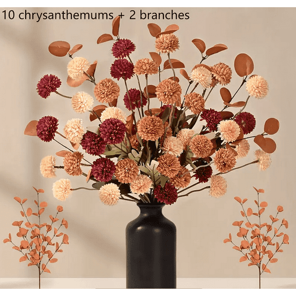 Artificial Silk Faux Mums 10 Stems and Eucalyptus 2 Stems Chrysanthemum Home Decor Bouquet