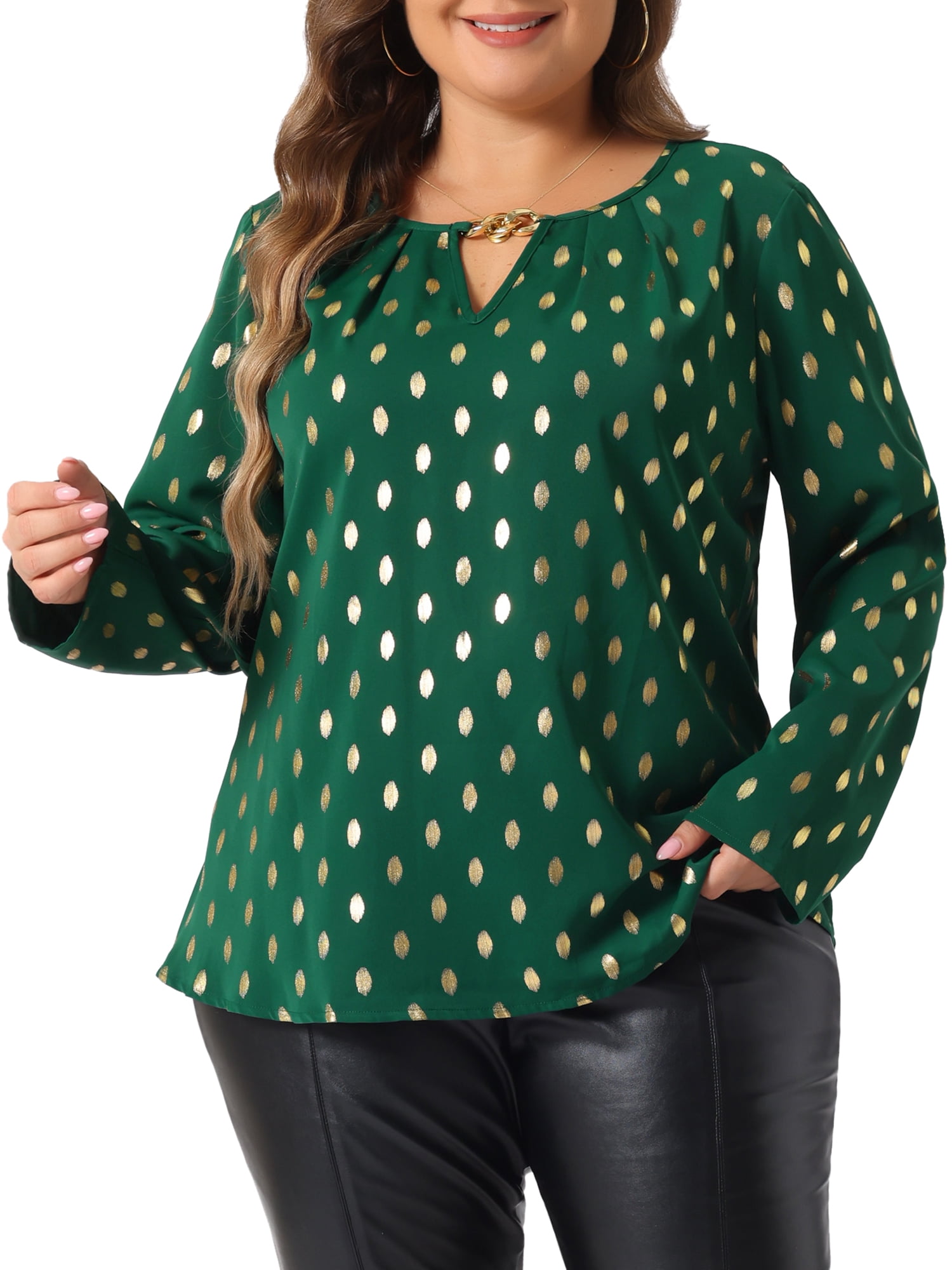 DARING DIVA Women's Plus Metallic Shiny Dots Blouse 3X Green