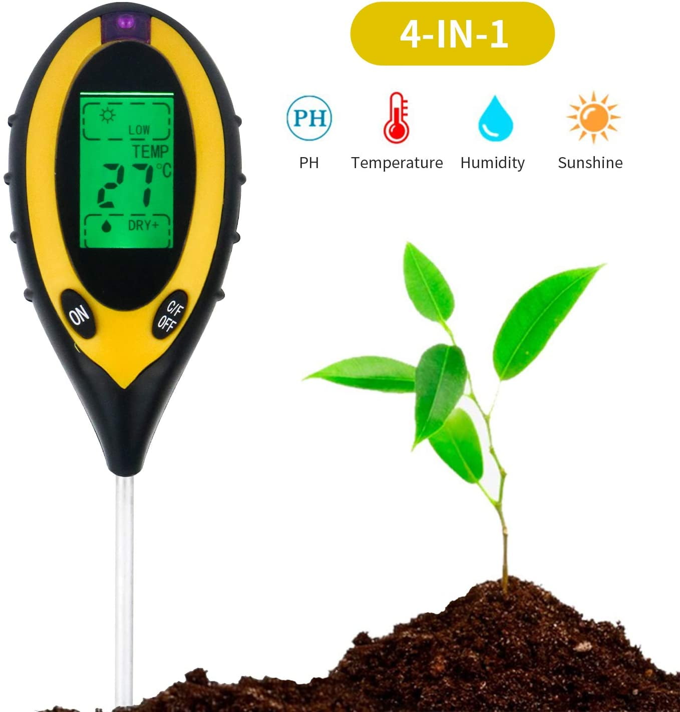 2Z Soil Tester, 4-in-1 Soil Moisture/Temperature/Light/pH Meter