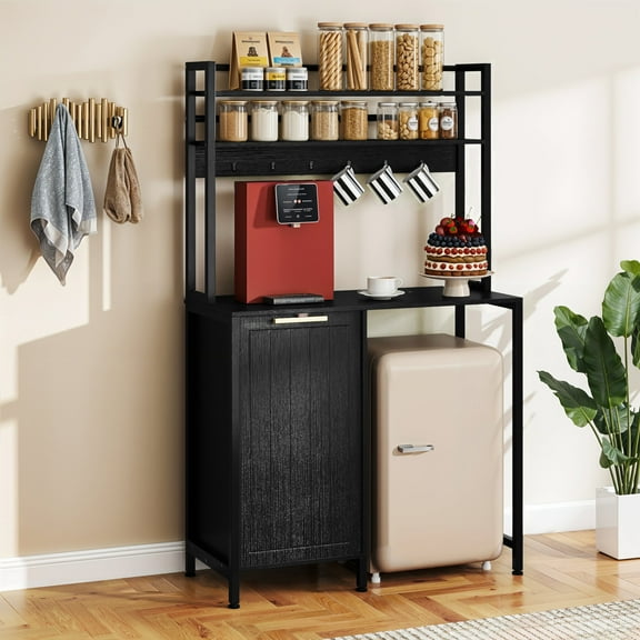 DEXTRUS 63" Bakers Rack with Power Outlets, Mini Fridge Stand with Cabinet for 10-gal Bin, Black