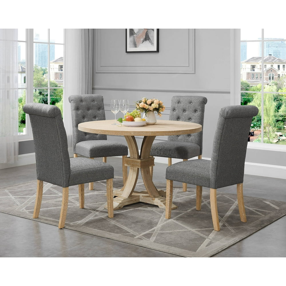 Siena White-washed Finished 5-Piece Dining set, Pedestal Round Table with Gray Upholstered 