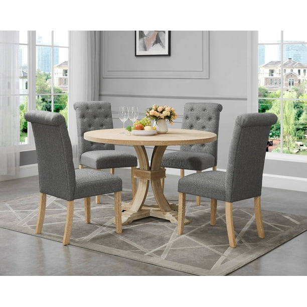 Siena White Washed Finished 5 Piece, Round Dining Room Table With Upholstered Chairs