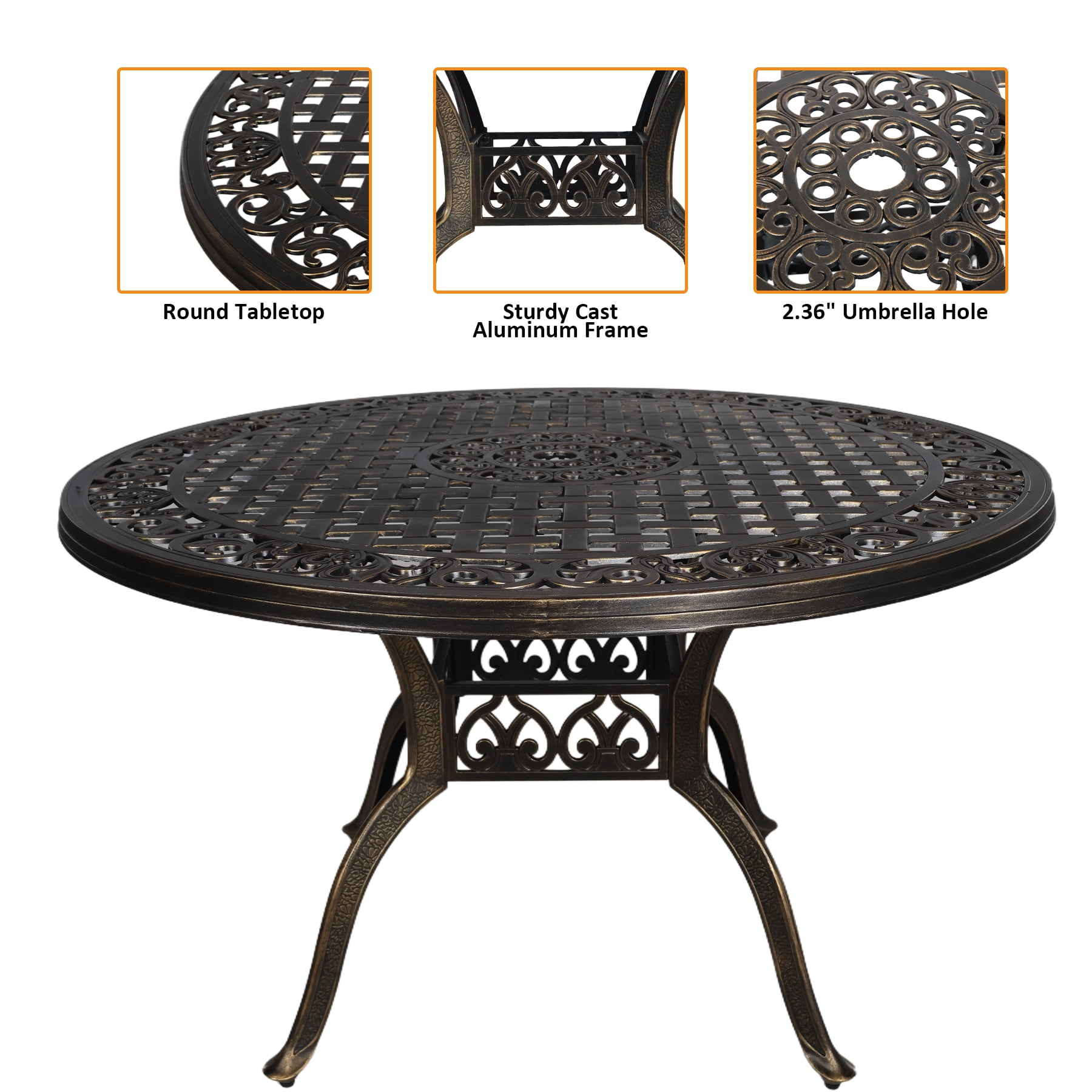 5 Piece Outdoor Dining Set for 4 Person,Cast Aluminum Patio Table and Chairs Set,All-Weather Round 48" Patio Dining Table with 2.36" Umbrella Hole,Patio Furniture Dining Set for Balcony Garden,Bronze
