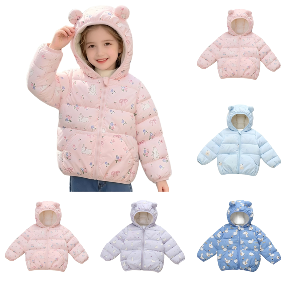 Wilark Toddler Girls Winter Warm Puffer Jackets with Pockets Long SLeeve Hooded Bunny Floral Print Casual Cute Relaxed Fit Lightweight Coats Pink 1-5