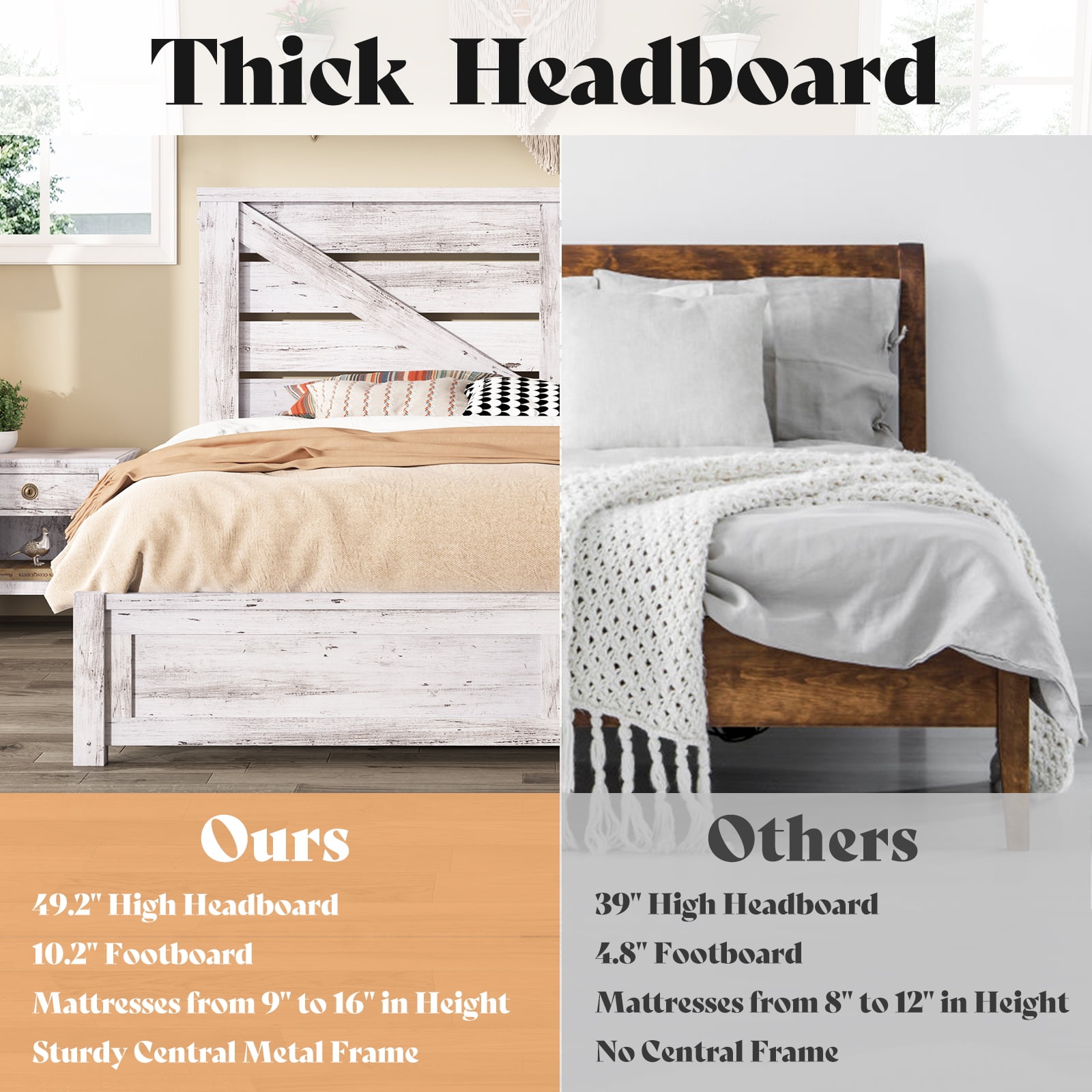 Merluxy King Size Farmhouse Bed Frame with Barn Door Headboard, Platform Bed Frame with Wood Slats, Under Bed Storage Space, Distressed White