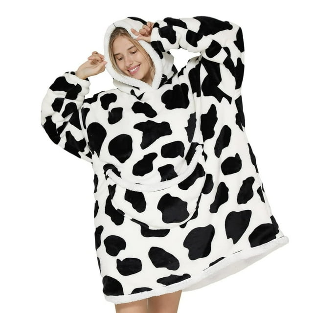 Oversized Hooded Blanket Sweatshirt with Kangaroo Pocket Printing Flannel Sherpa Blanket Double Layer Super Soft Warm Cozy Wearable Thick Hoodie One Size Fits All - Mother & Daughter Gi