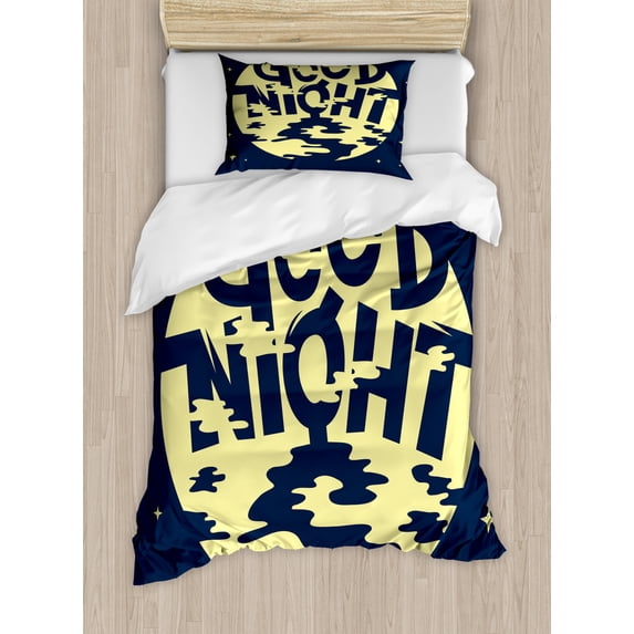 Sleep Duvet Cover Set Twin Size, Night Message with Moon and Stars on Abstract Background, Decorative 2 Piece Bedding Set with 1 Pillow Sham, Teal and Pale Yellow, by Ambesonne