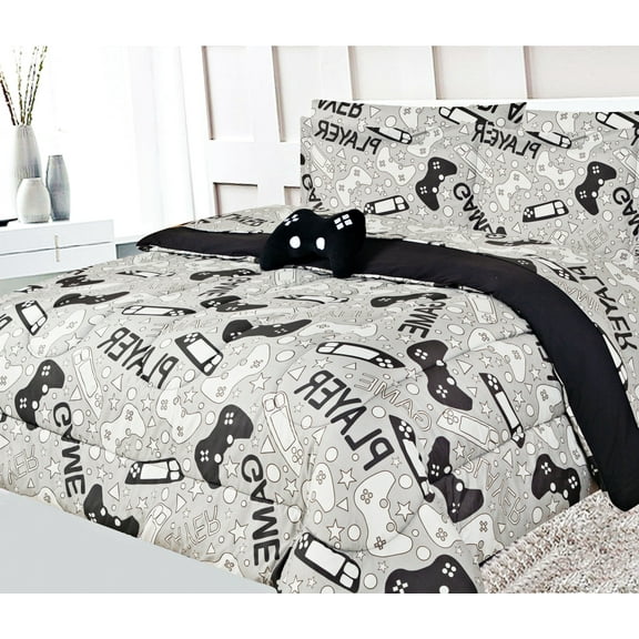 Bed in Bag bedding comforter set of 6 pieces in twin size game player black print design supersoft for girls, boys room décor