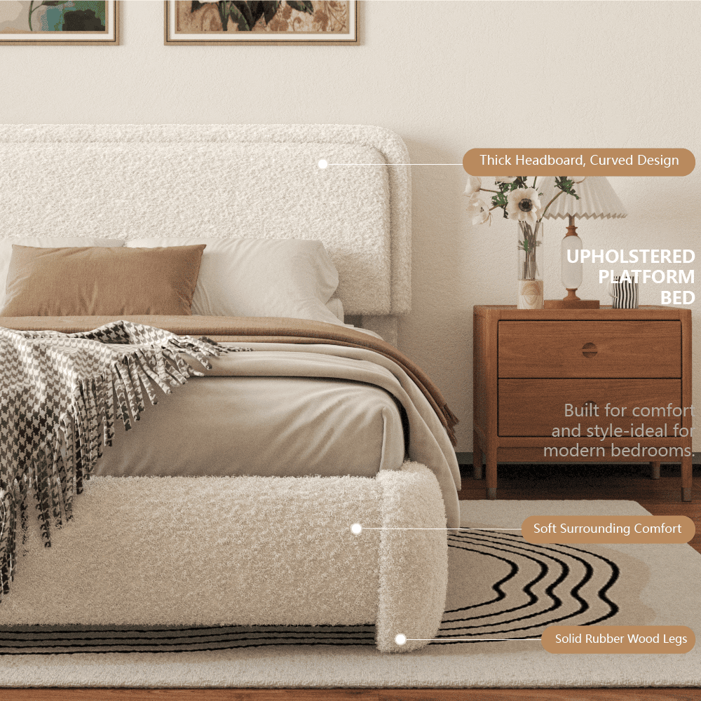VIPLOV Full Size Boucle Bed Frame, Cloud Upholstered Platform Bed with Height Adjustable Headboard & Soft Rounded Corners, No Noise Free, Easy Assembly,Beige