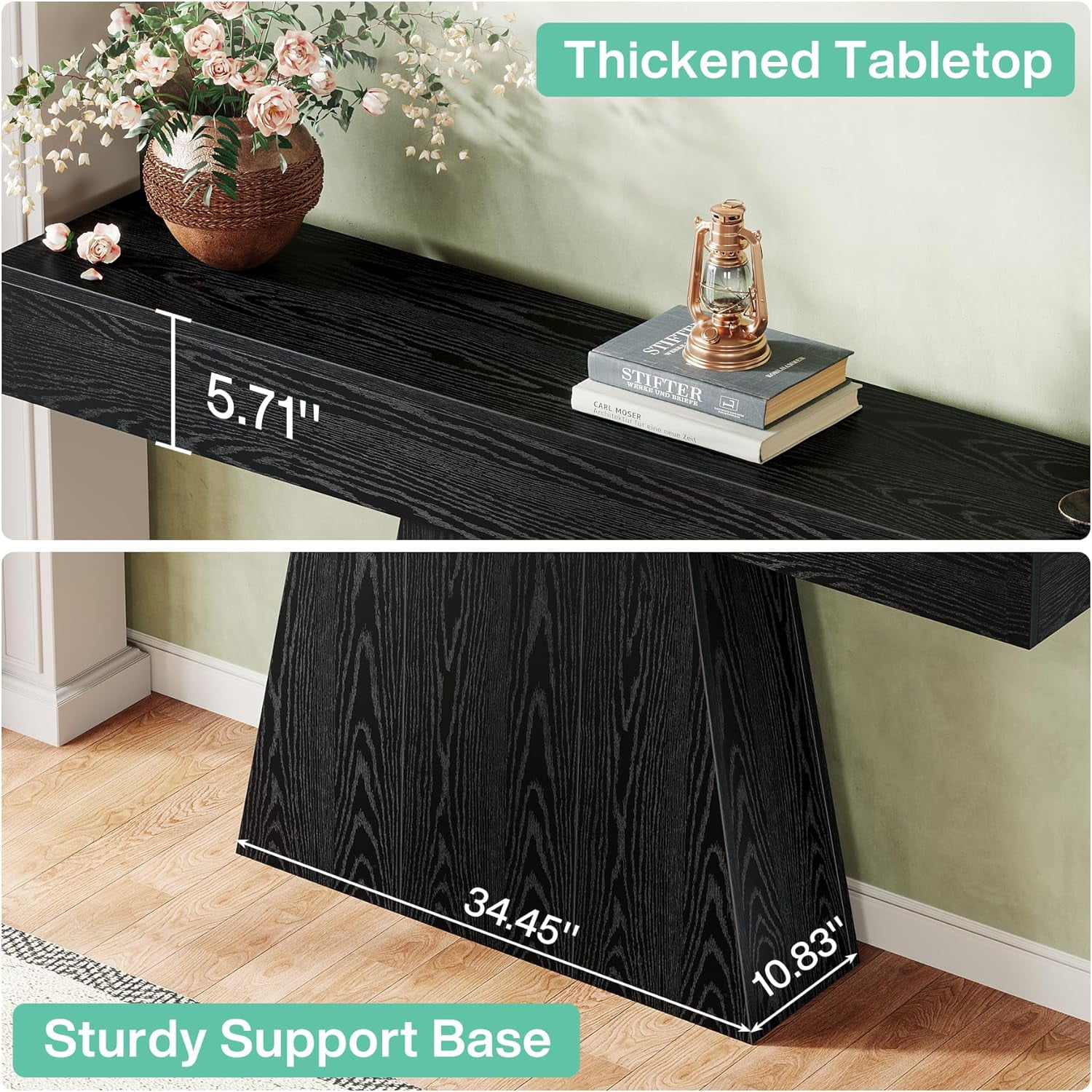 Tribesigns 63" Black Console Table, Farmhouse Entryway Table with Trapezoidal Base for Living Room