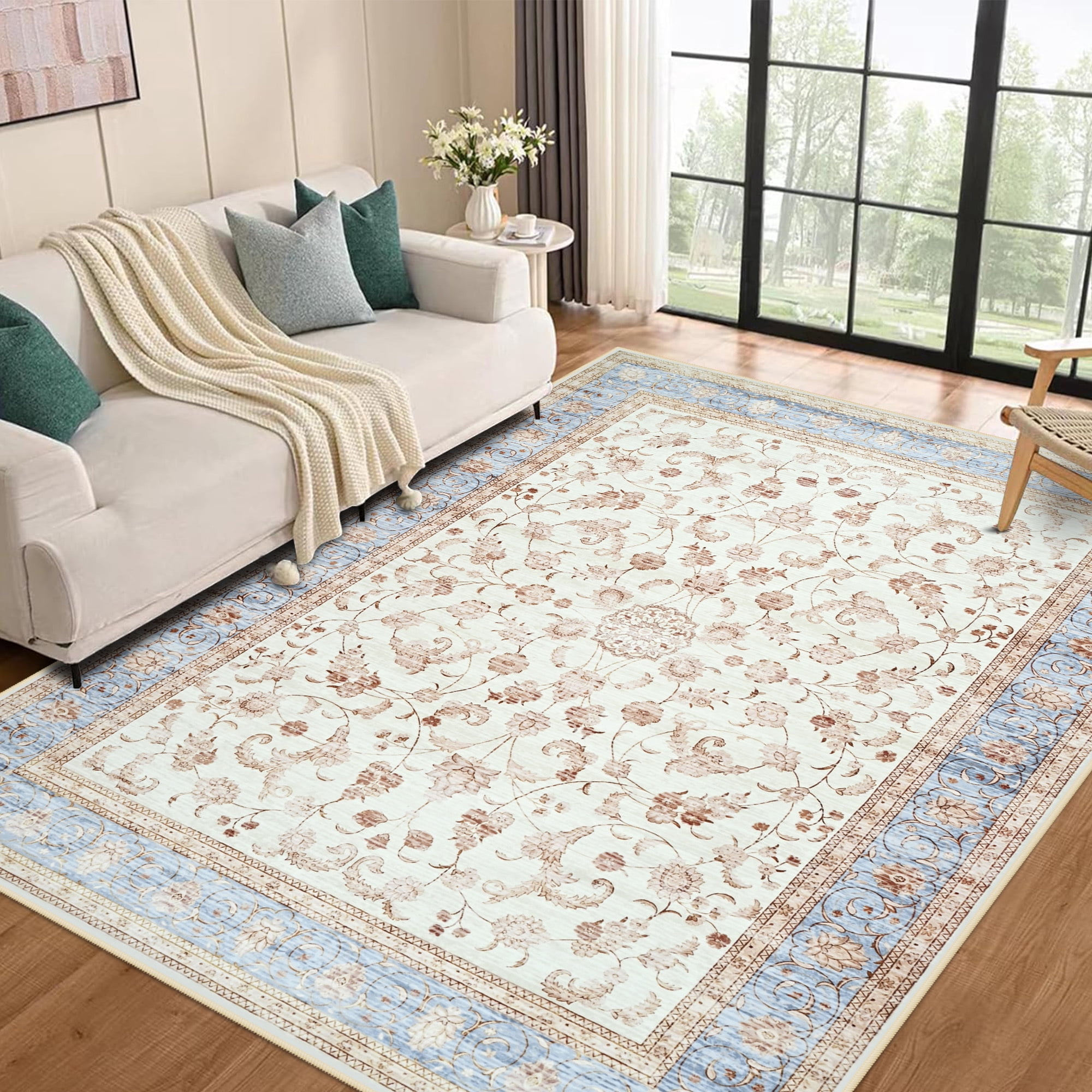 Wondo 4x6 Ft Beige Floral Area Rug - Machine Washable Low Pile Non-Slip Carpet, Boho Vintage Farmhouse Decor for Living Room, Bedroom, Nursery & Office