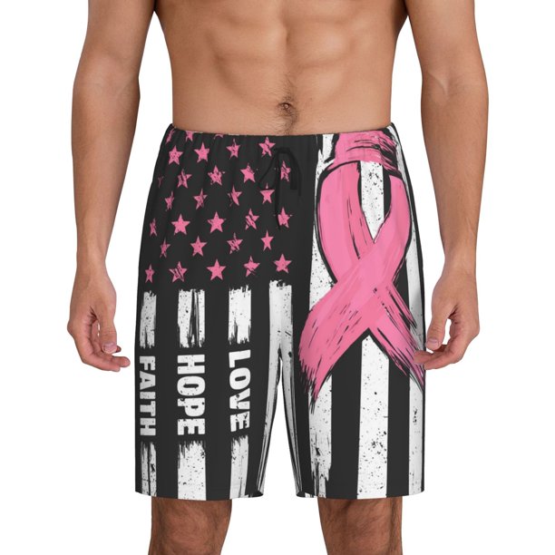 Balery Ribbon Breast Cancer Awareness Pantalones cortos de pijama de punto de algodón para hombre con cinturilla y bolsillos-X-Large