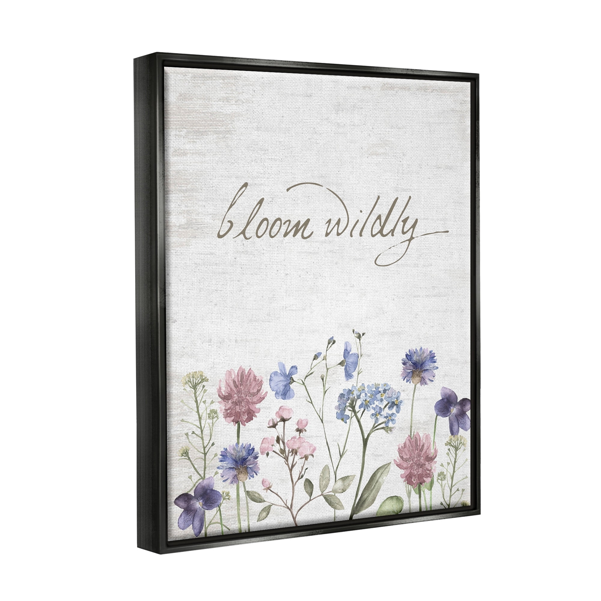 Stupell Industries Bloom Wildly Flower Blossoms Botanicals Rustic Design Graphic Art Jet Black Floating Framed Canvas Print Wall Art, Design by Lettered and Lined
