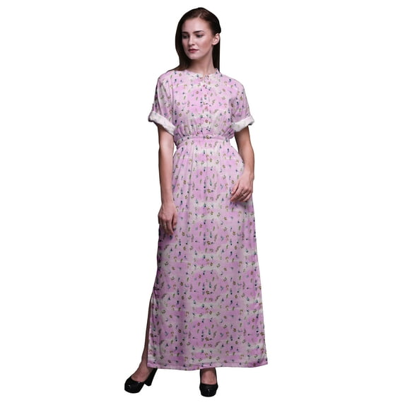Bimba Rayon Floral & Leaves Smocked Waist Printed Gown Maxi Side Slit Ladies Dress-Large