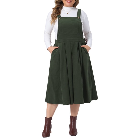 Agnes Orinda Women's Plus Size Halloween Outfits Corduroy Overall Dress Adjustable Straps Vintage Comfort Fall Winter Pleated Jumper Dresses with Pockets 4X Green