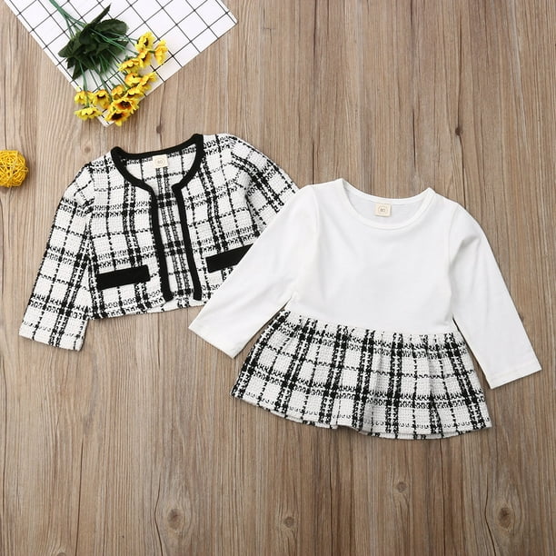 Wangsaura Baby Girl 2 Pieces Black And White Plaid Top Skirt Dress Formal Wear White