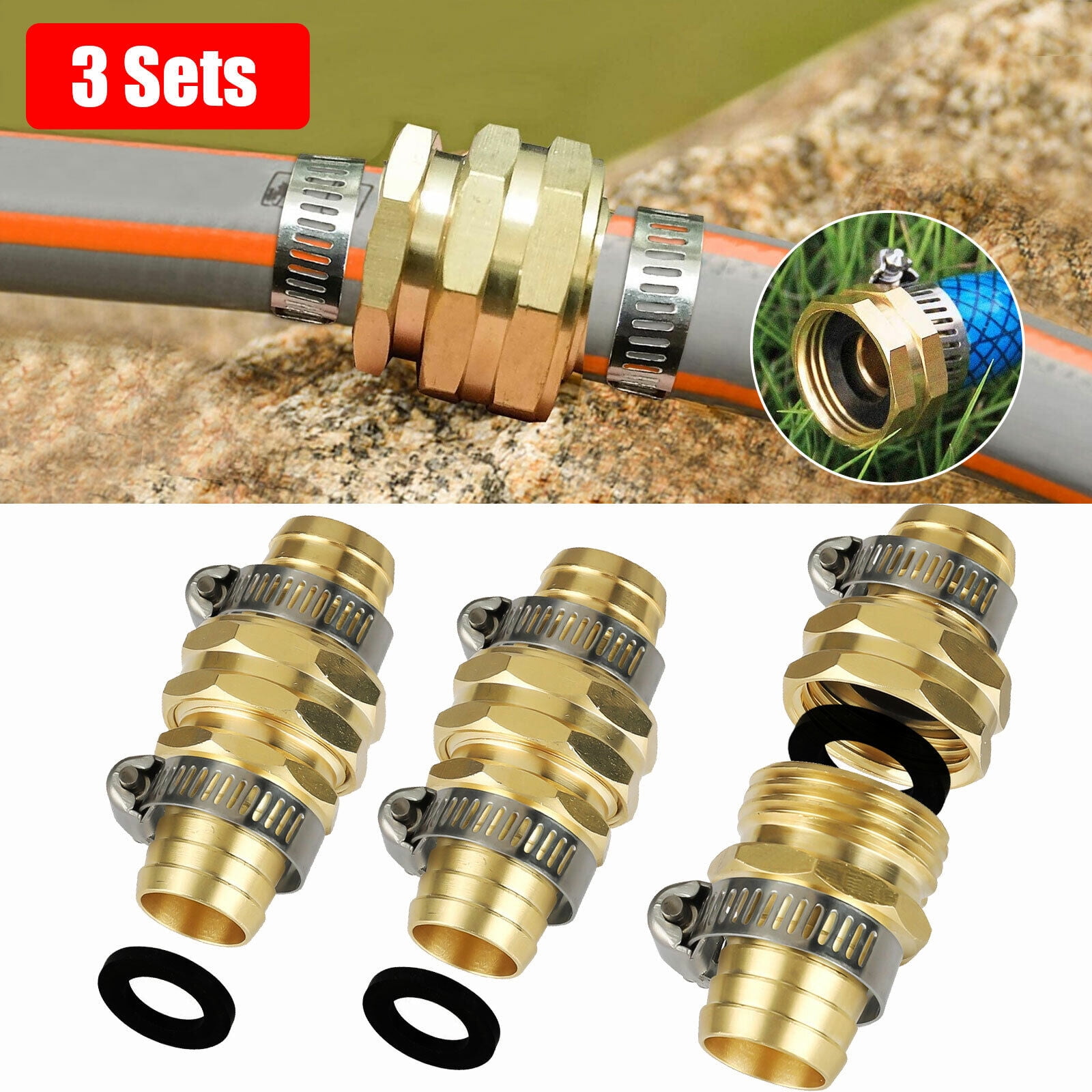 3 Pairs 3/4" Garden Quick Connect Water Hose Kit Brass Female Male