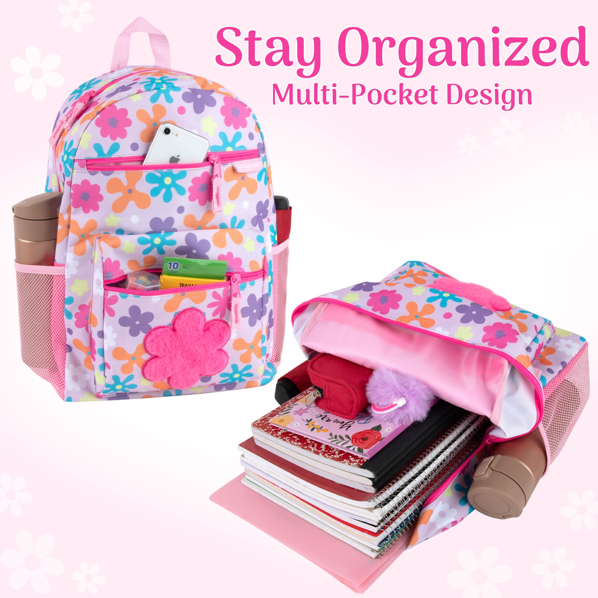 Girls 17 Inch Multipocket Printed Pocket Backpack for School, Camp, Travel, Commuting and Recreation with Plush Applique in Plush Floral Frenzy