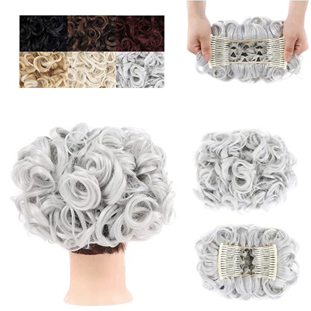 Peignes Chignons Pièce de Cheveux Plat Bouclé Chouchous Synthétiques Extensions de Cheveux Pince en Queue de Cheval Postiches pour Femmes (Gris Platine -#33A)