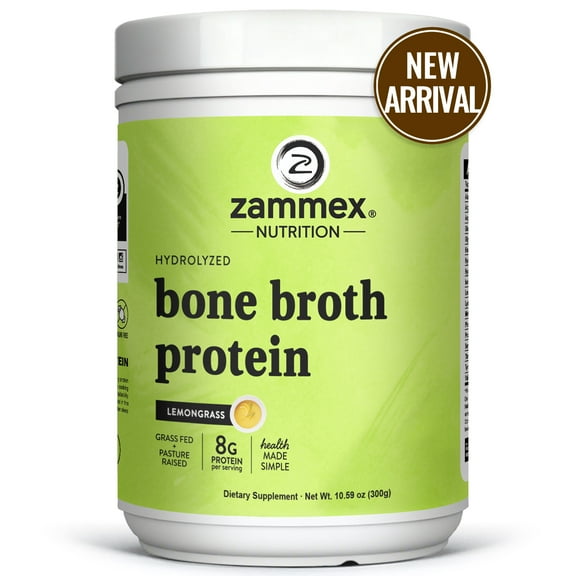 Zammex Bone Broth Protein Powder,Lemon grass Flavor 10.59 oz, Grass Fed Beef Bone Broth Protein Powder with Hydrolyzed Collagen Peptides, 30 Servings