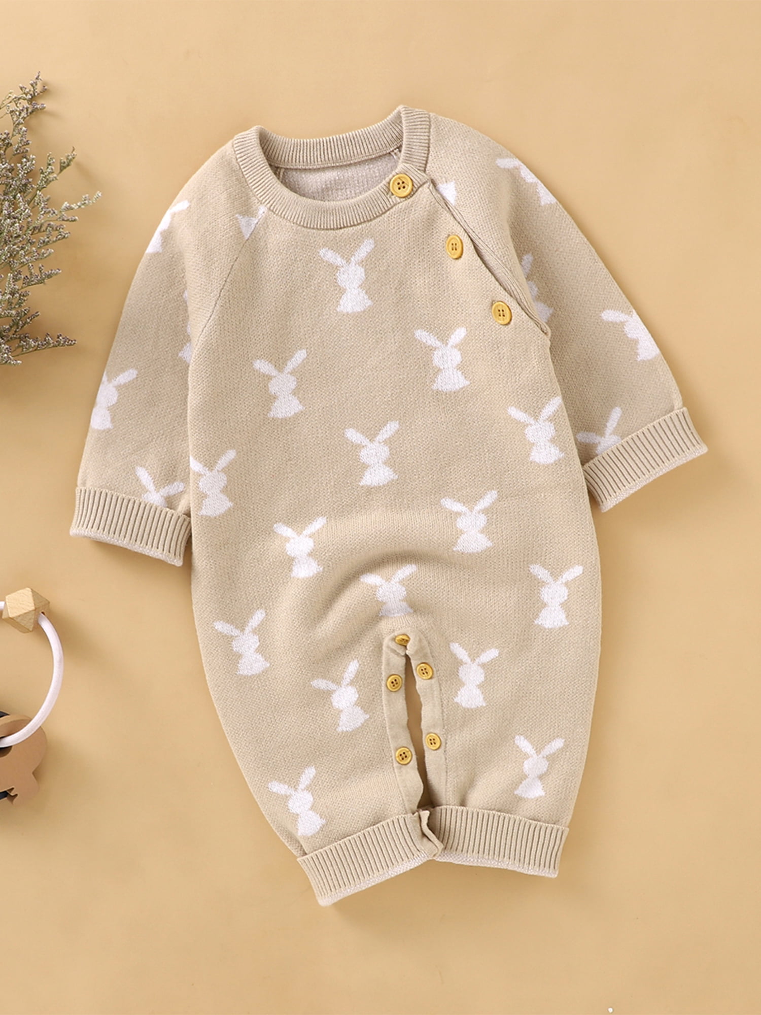wsevypo Newborn Baby Bunny Romper Infant Knited Easter Outfits Long Sleeve Jumpsuit for Boys Girls One Piece Overall
