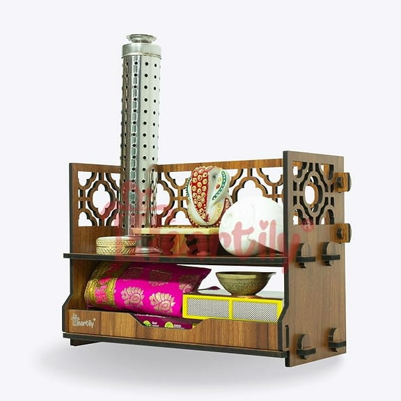 AVOKA Beautiful Wooden Mandir for Home Small Size Puja Mandir for Home Wall Mounted Pooja Stand for Home Temple for Office or Shop, 12.7D x 30.5W x 20H Centimeters