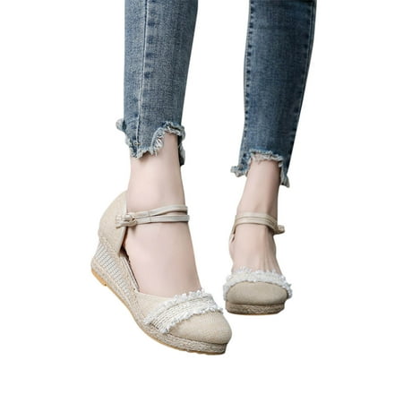 

AXXD Beige Wedge Sandals for Women 6.5 Knitted Round Toe Lace Decoration Sandals High Heel Summer Casual