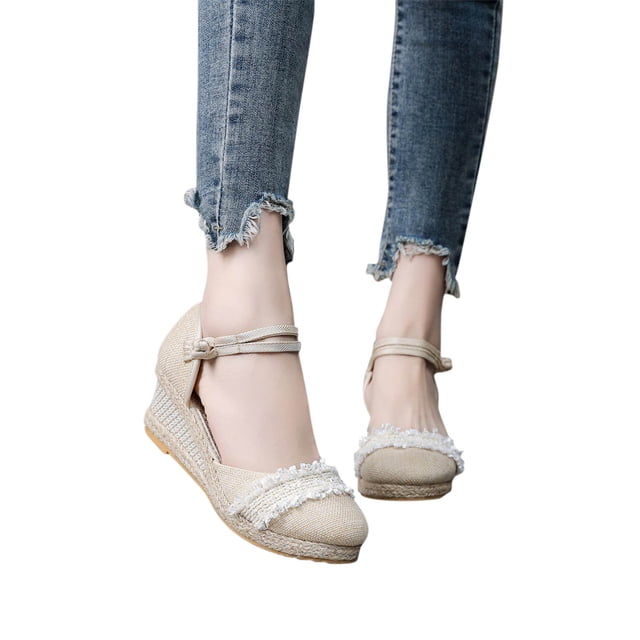 Cameland Sandales Compensées à Bout Rond en Tricot avec Décoration en Dentelle pour Femmes, Talons Hauts, Pantoufles Décontractées d'Été