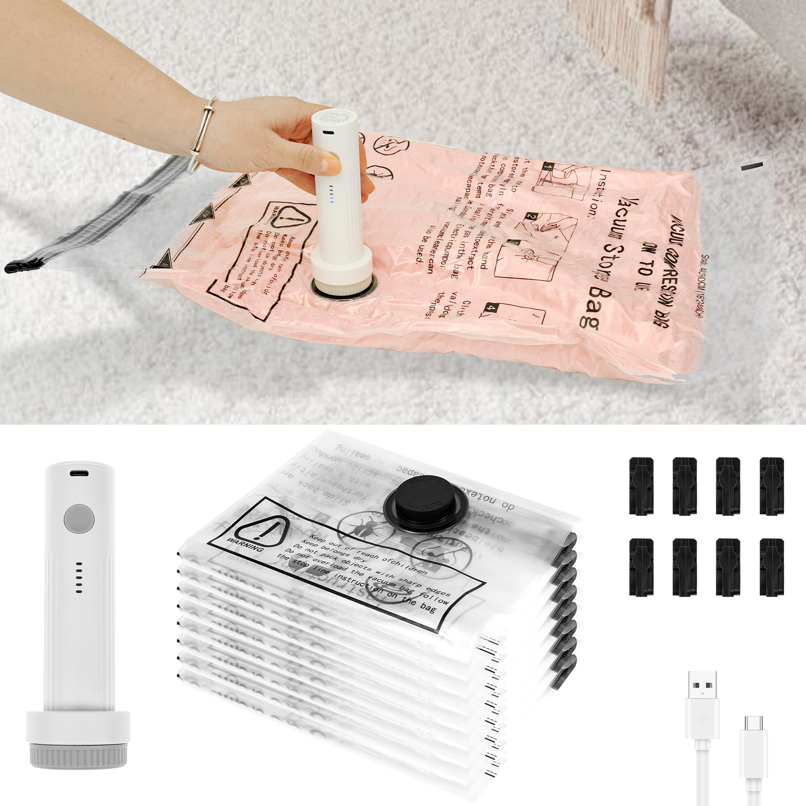 Vacuum Bag with Electric Pump Rapid Compression 8 Pack Triple Seal Compression Bag with Double Zipper Lock for Luggage and Suitcase