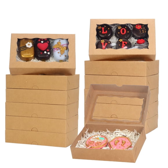 RomanticBaking 30 paquetes Montaje DIY Cajas de galletas marrón de 7 x 4 3/8 x 1½ pulgadas con ventana Cajas de panadería para macaron, chocolate, trufa, pastelitos