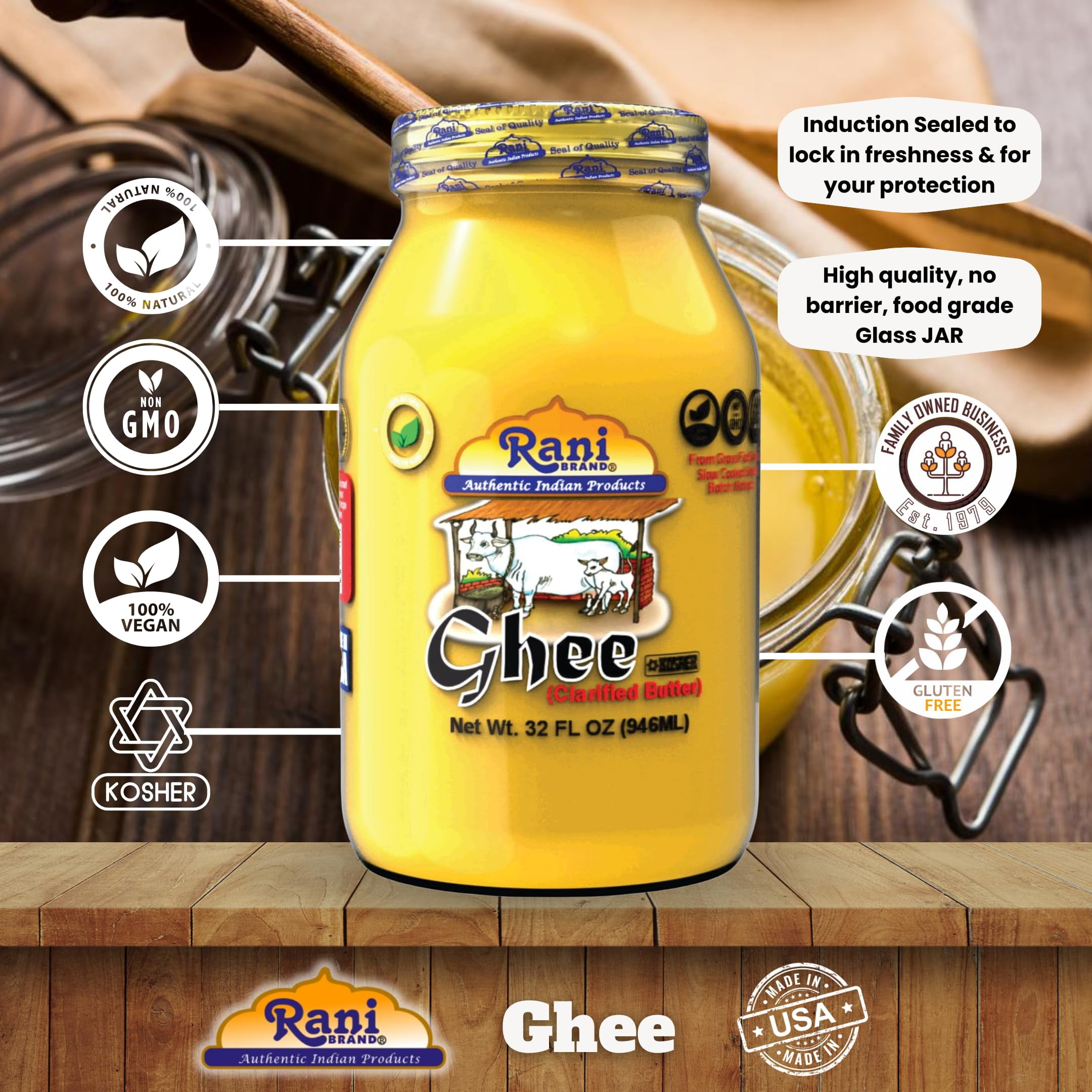 Rani Ghee Pure & Natural from Grass Fed Cows (Clarified Butter) 2lbs (32oz) ~ Glass Jar | Paleo Friendly | Keto Friendly | Gluten Free | Kosher | Product of USA