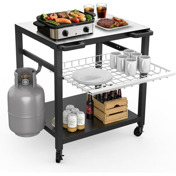NUUK Heavy Duty Grill Cart 30"x24", Outdoor Pizza Oven Table with Stainless Steel Top, 3-Tier BBQ Prep Table with Sliding Drawer, Outdoor Kitchen Serving Cart for Grilling, Patio