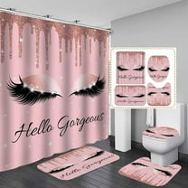 4PCS Hello Gorgeous Shower Curtain Set, Hot Pink High Heels Lipstick Makeup Fashion Girls Women Bathroom Decor, Waterproof Fabric Black Shower Curtain, Non-Slip Bath Mat Toilet Rug, Hot Pink