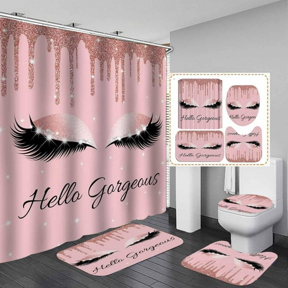 4PCS Hello Gorgeous Shower Curtain Set, Hot Pink High Heels Lipstick Makeup Fashion Girls Women Bathroom Decor, Waterproof Fabric Black Shower Curtain, Non-Slip Bath Mat Toilet Rug, Hot Pink