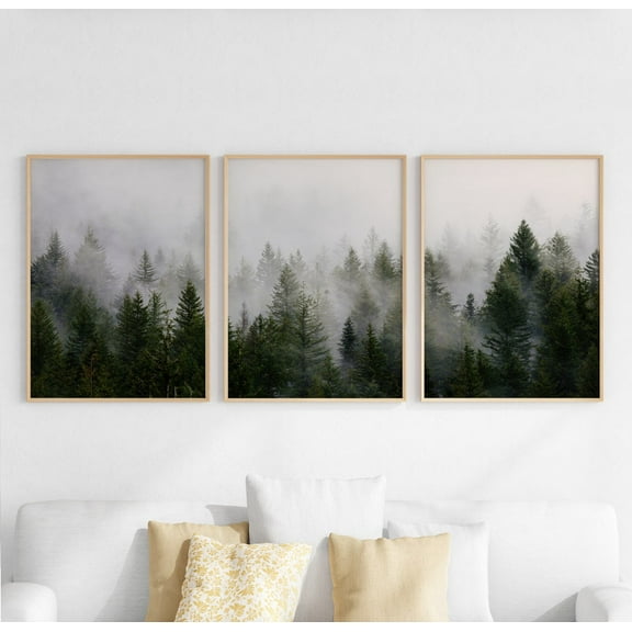 Luvia Foggy Forest Prints Set Of 3, Dark Green Misty Forest Photography, Nature 3 Piece, Modern Wall Decor Set 3 Prints 8x12 UNFRAMED