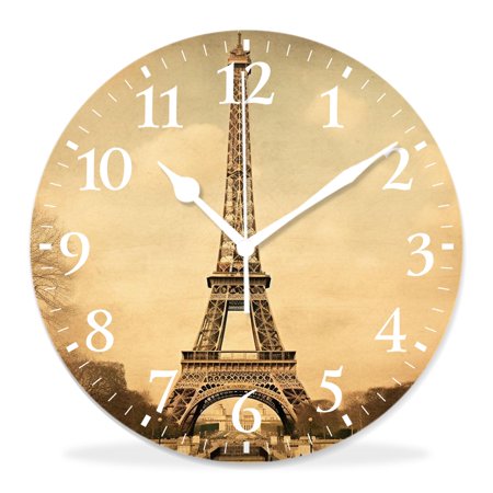 12 Inch Wall Clock Battery Operated Silent Clock Decorative for Office, Kitchen, Outdoor, Living Room，Eiffel Tower Retro Paris Pattern