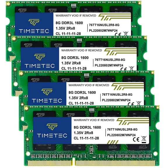 Timetec 32GB Kit (4x8GB) DDR3L Laptop RAM Memory, 1600MHz PC3L-12800, SODIMM 204-Pin, Non-ECC Unbuffered, 1.35V/1.5V CL11, Dual Rank 2Rx8