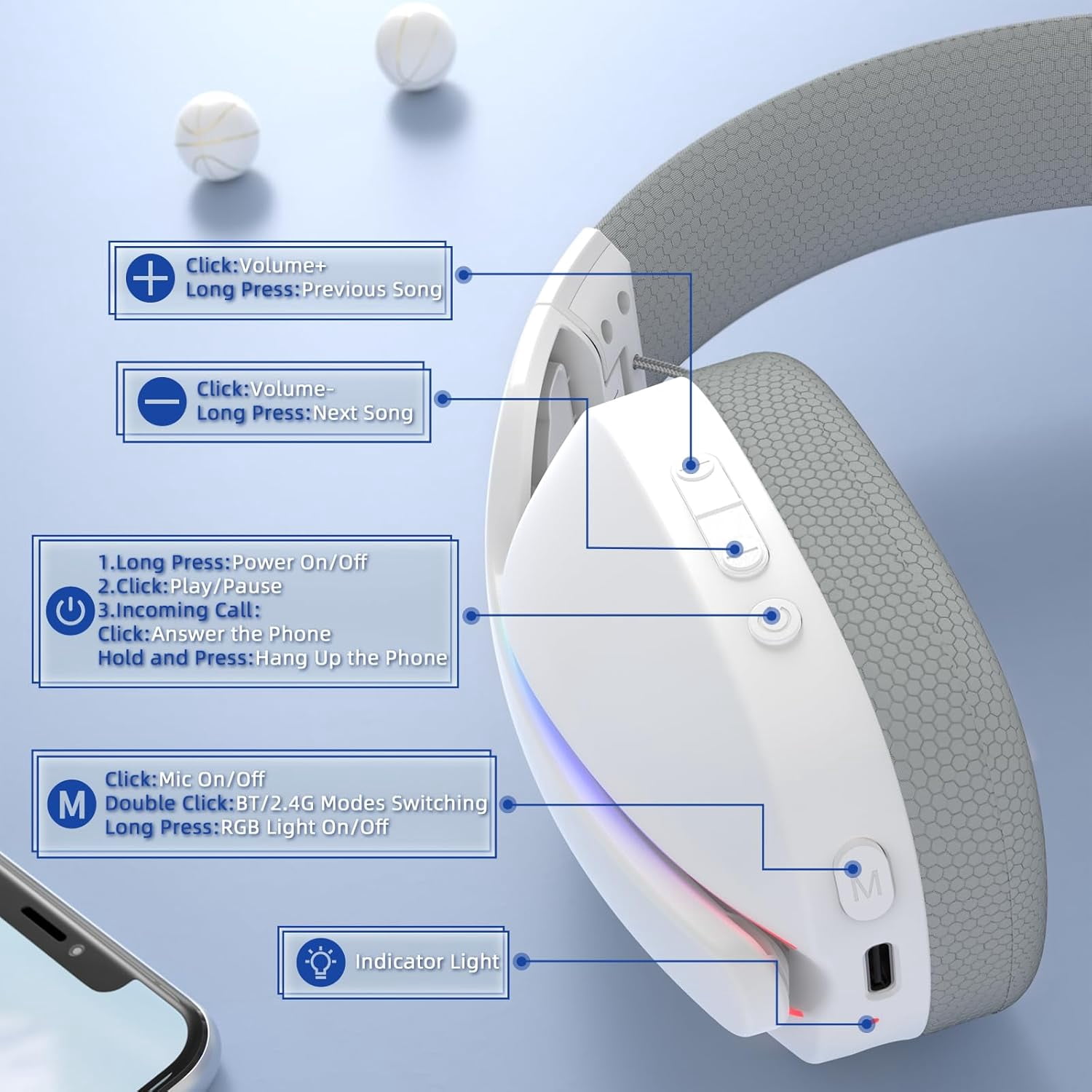 ATTACK SHARK L90 Ultralight RGB Wireless Gaming Headset with Plug-in Microphone,Bluetooth 5.3 & 2.4G Wireless & Wired Headphone, 7.1 Surround Sound for Xbox One Series, PS4,PS5 & PC (White)