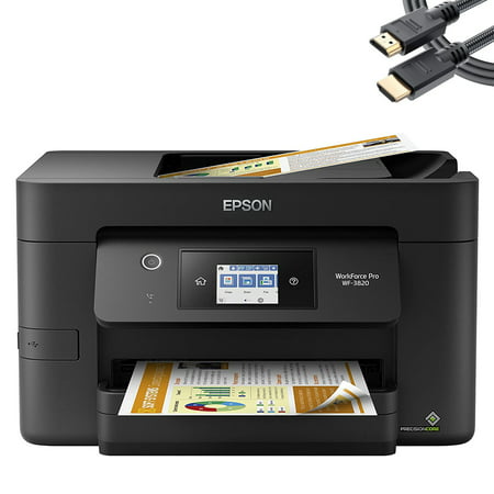 Epson WorkForce Pro WF-3820 Wireless All-in-One Color Inkjet PRINTER, 4800 x 2400 dpi, 21 ppm, Home Office, Print Scan Copy Fax, Auto 2-Sided Printing, Black, Bundle with Printer Cable