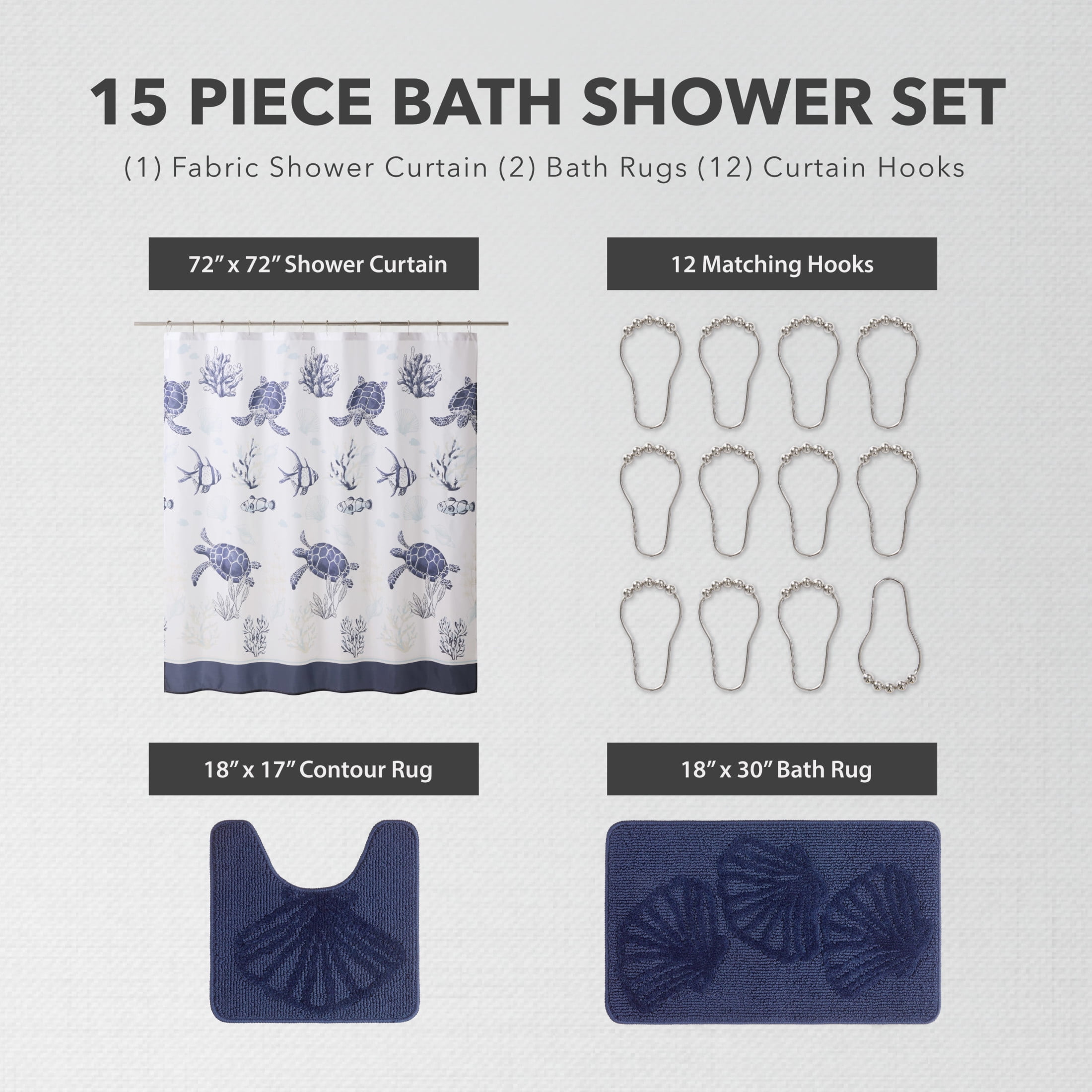 CHI Doria Shower Curtain with Hooks and Rugs Modern Washable 72" W x 72" L 15-Piece Set
