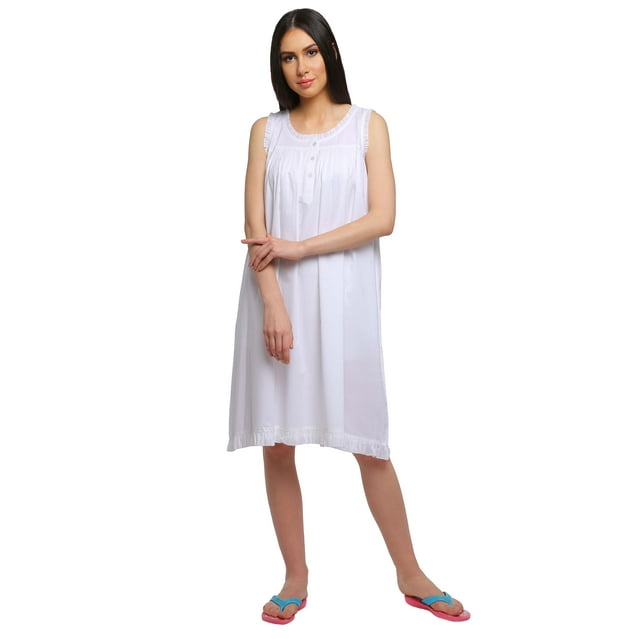 Moomaya Robe de Nuit Trapèze en Coton pour Femmes à Col Rond avec Patte de Boutonnage