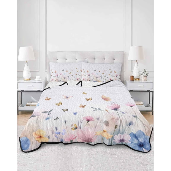 Quilts Queen Size, Spring Floral Soft Comforter Bedding Set for Bed, Watercolor Butterfly Summer Botanical Lightweight Quilted Bedspread with Pillow Cover(2 Pieces) for All Season, 90x96 Inch