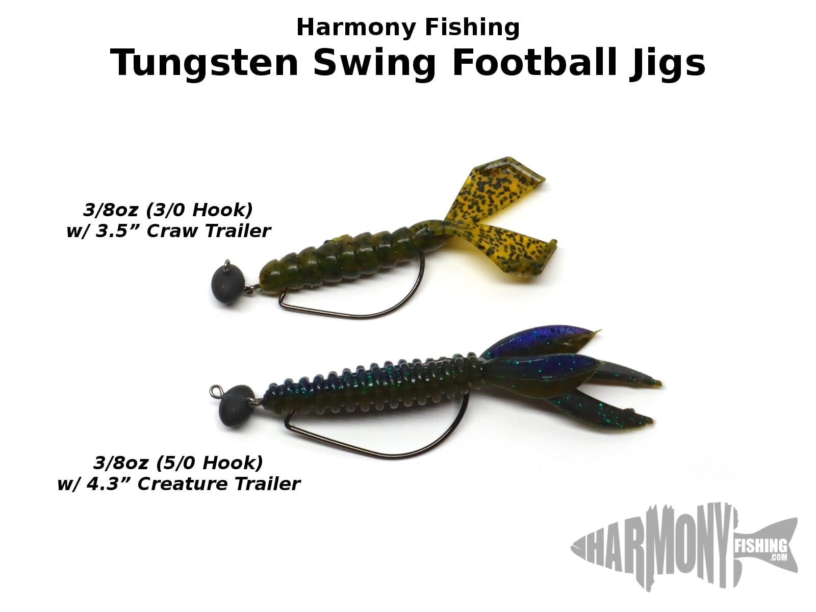 Harmony Fishing - Tungsten Swing Football Jigs [Pack of 3 w/ 10 Bait Pegs] Swinging Football/Rugby jigs with Hooks for bass Fishing 3/4 oz, 5/0 Hook 3 Pack